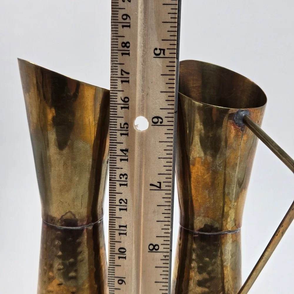 Vintage Hammered Brass Pitcher Pair Mid Century Modern Decorative Vases 7.5in